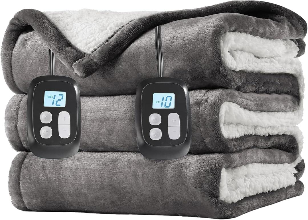 LaffyLo Electric Heated Blanket Queen Size 84 x 90, Dual Control, Fast Heating Blanket, Dual-Sided Flannel Sherpa, 10 Heat Settings, 1-12 Hour Auto Off, Machine Washable, Light Grey