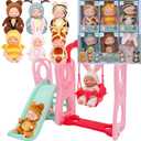 6 Pcs Mini Baby Dolls Set 4 Inch Small Baby Dolls with Animal Clothes and Slide Swing Toys (Dolls C)