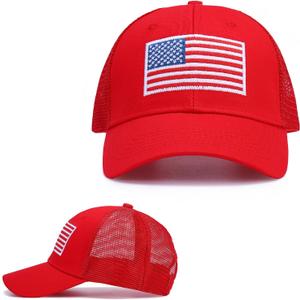 American Flag Hat, Adjustable Fit USA Baseball Cap for Men Women, Outdoor Ball Caps Mesh Snap Embroidered Cap (Red)