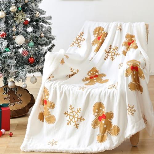 TRUEDAYS Throw Blanket Christmas Fluffy Blanket with Gingerbread and Snowflake Pattern - Reversible Sherpa Fleece Soft Blanket - Cozy Lightweight Throw Blanket for Couch Bed Sofa, 50x60 Inches