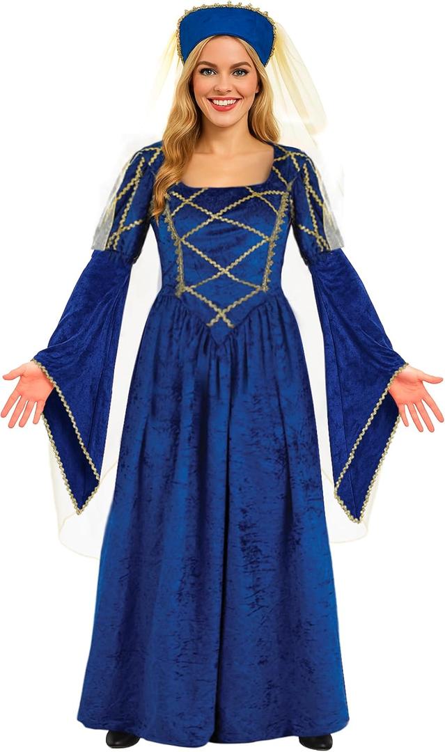 fun shack Renaissance Costume For Women, Medieval Queen, Tudor Dress, Lady Guinevere Outfit, Historical Attire (X-Large, Blue)