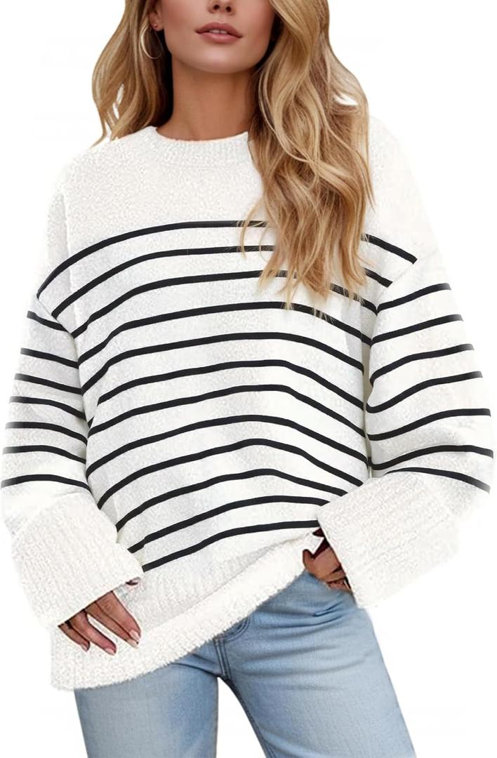 Women's Oversized Crewneck Sweaters, Long Sleeve Fuzzy Knit Casual Chunky Warm Fall Pullover Sweaters Top Trendy Outfits (White-black Stripes, Large)