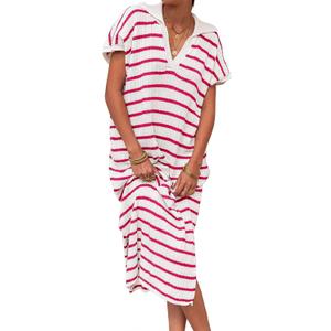 Saodimallsu Womens Striped Sweater Dress Short Sleeve V Collared Knit Dress