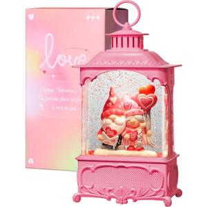 Valentines Snow Globe Lantern with Timer and Music, USB and Battery Tabletop Love Letter Balloon Gnome 10.2 inch