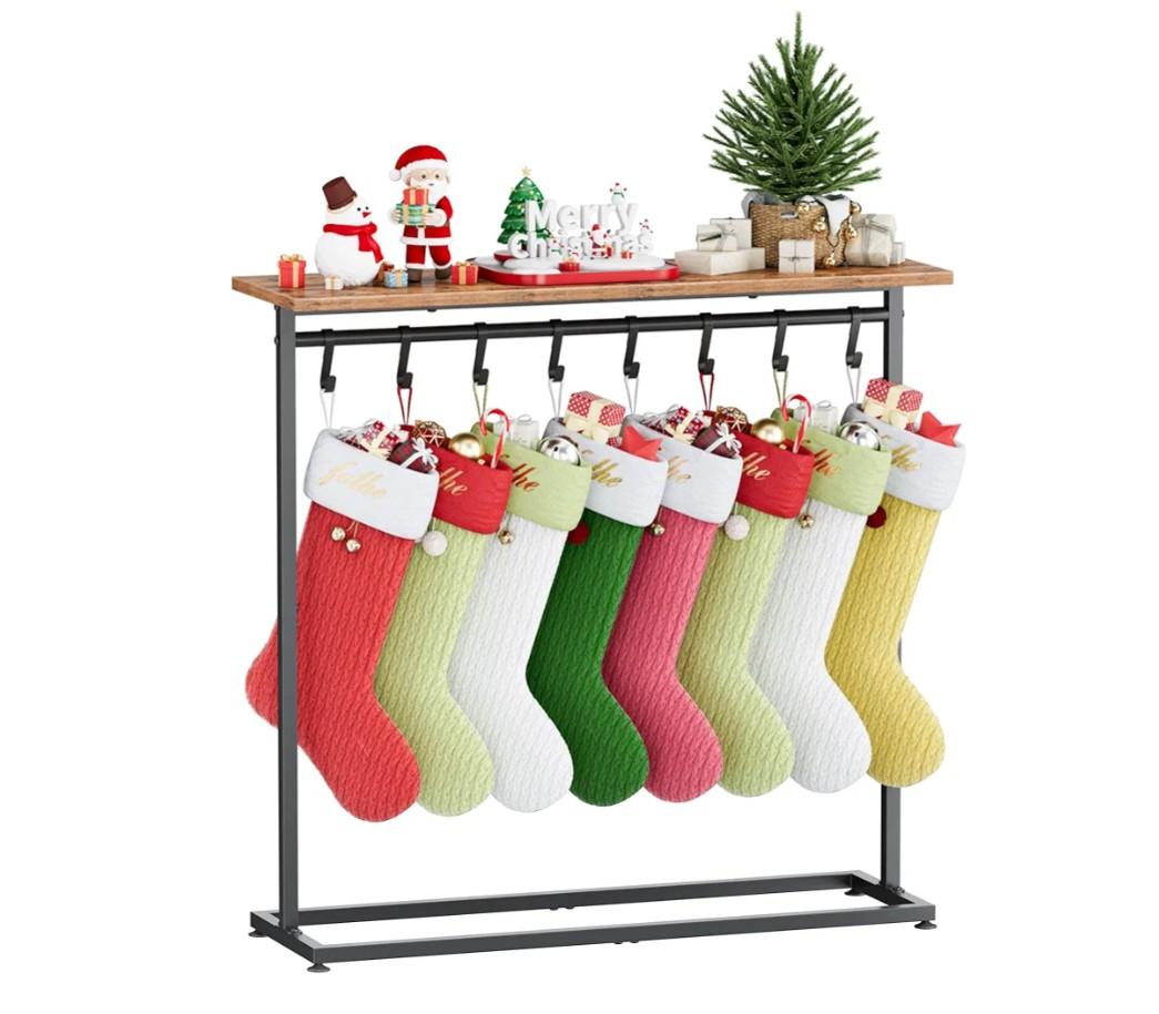 Christmas Stocking Holder Stand with Shelf, Free Standing Stocking Rack with 8 Removable Hooks，Heavy Duty Metal Storage Shelf for Gifts and Decor, Adjustable Feet, Black