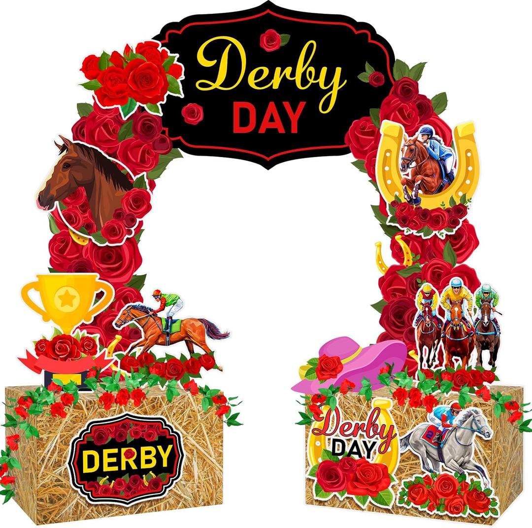 Gersoniel 15 Pcs Derby Day Horse Party Decoration Kit Derby Party Supply 6.6 ft Red Rose Arch Backdrop 2 Rose Garland 10 Horse Racing Cardstock Cutout 2 Hay Box Centerpiece for Race Day Celebration