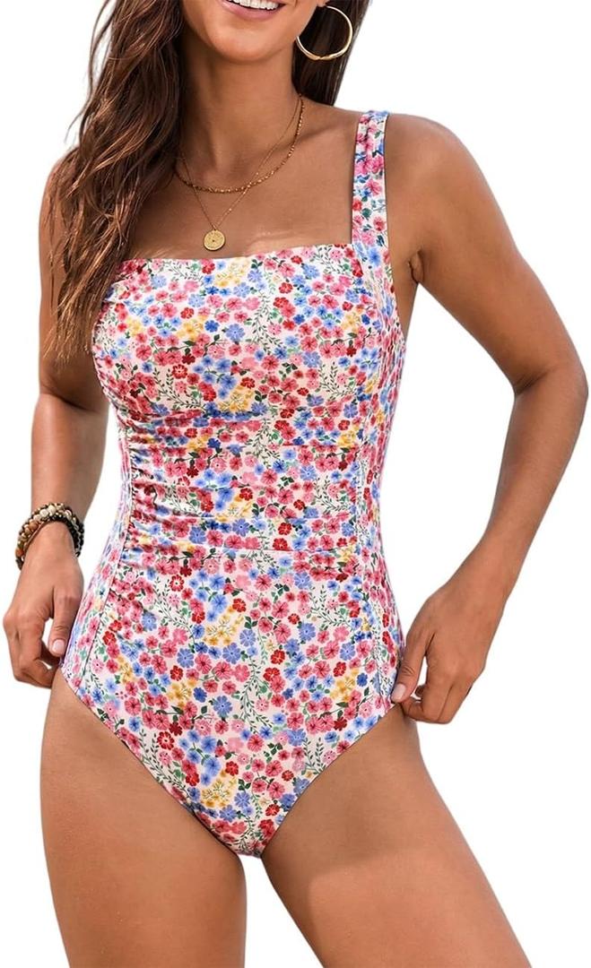 YIMISAN Women's One Piece Swimsuit Square Neck Sporty Ruched Slimming Monokini High Cut Tummy Control Bathing Suit (M)