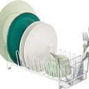 mDesign Kitchen Sink Dish Drainer  Small Metal and Plastic Dish Rack for Kitchen Sink  Dish Drying Rack with Drip Tray for Plates and Cutlery Basket  White/Clear