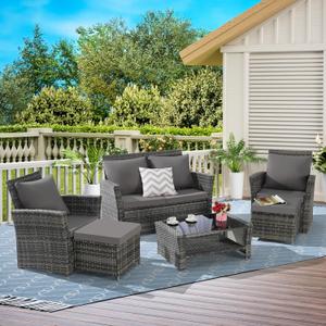 KEIKI 6-Piece Outdoor Patio Furniture Set, Rattan Patio Conversation Set with 2-Seater Sofa, 2 Single Sofa, 2 Ottomans, Coffee Table, PE Wicker Sofa Set, for Garden, Backyard, Lawn, Deck, Dark Gray