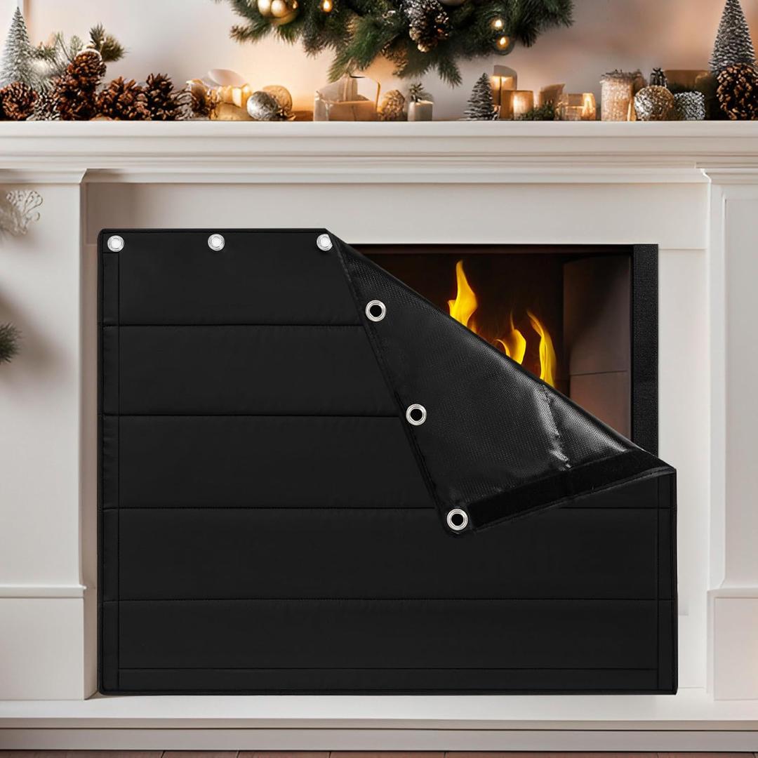 Fireplace Draft Cover - Draft Stopper Blanket with Hook & Loop Tapes, Stops Heat Loss & Cold Air, Energy-Saving Indoor Fireplace Blocker, 39"x32" Black