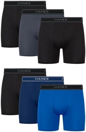 Hanes mens Underwear Boxer Brief Pack, Performance Stretch Underwear, Moisture-wicking Boxer Briefs for Men, 6-pack L, Black/Blue/Grey