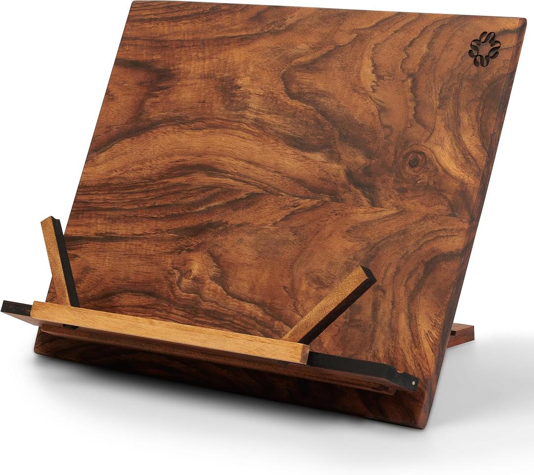 TILISMA Wooden Cook Book Stand  Handmade Walnut Book Holder for Reading Hands Free  Cookbook Stand for Kitchen Counter  Recipe Holder  Reading Accessories for Kitchen  Cookbook in Ipad and Tablet