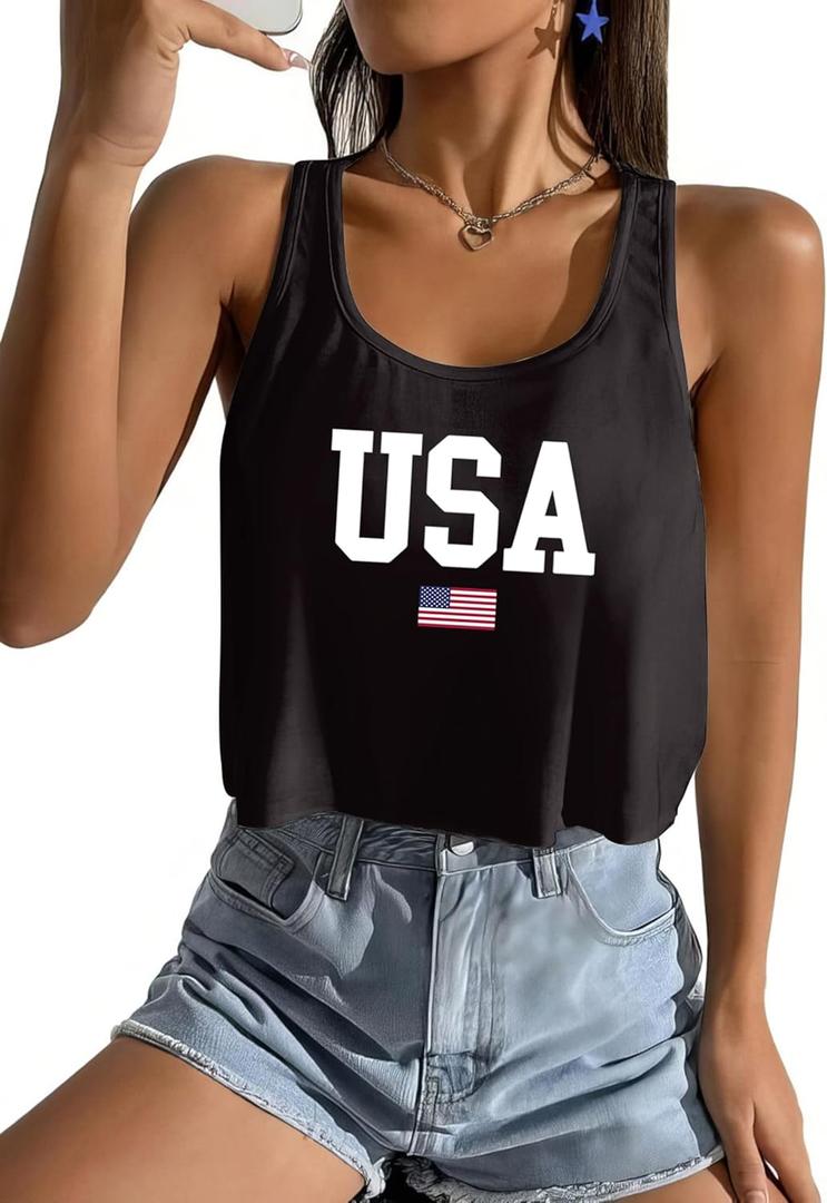 Women's American Flag Tank Top, USA Patriotic Sleeveless Crop Tops, 4th of July Camis Shirt (US, Alpha, Medium, Regular, Regular, Black-533) (Black, M)