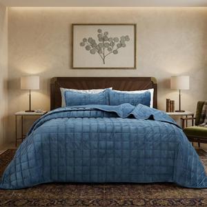 FFQSS Velvet Quilt Super King Size, Luxury Soft Bedding Set, Lightweight Cozy Warm Quilted 3-Piece Velvet Coverlet Bedspread Sets with 2 Pillow Shams for All Season, Blue