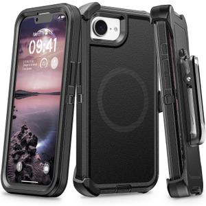 For iPhone 16e Case with Belt Clip Holster, Anti-Shock, Anti-Slip, Compatible with MagSafe, 3-Layer Drop Protection, Heavy Duty Magnetic Phone Case Cover for 16e, 6.1", Black