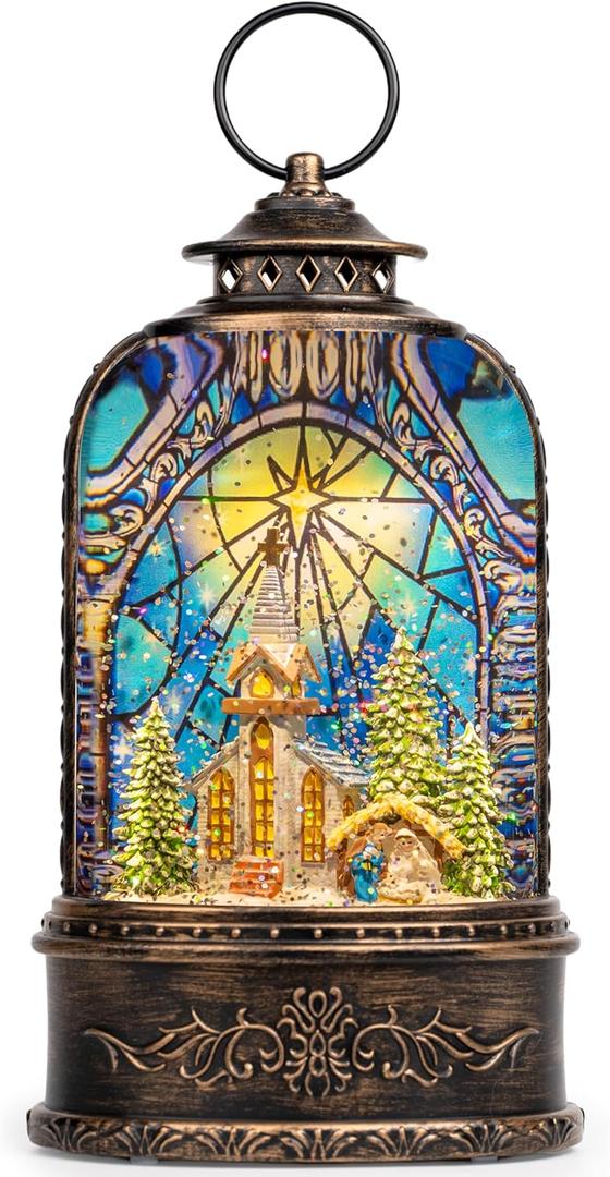Christmas Snow Globe Lantern Water Glittering Churches & Holy Family with Music& Timer, USB Lined/Battery Operated Lighted Lantern for Christmas Festival Decoration Gifts