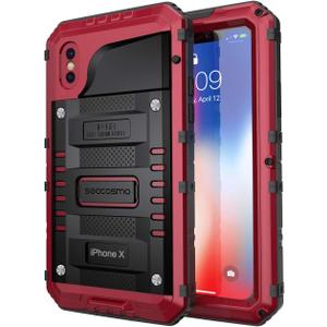 2 x seacosmo Waterproof Case for Phone X Built in a Screen Protector, 360 Full Body Protective Cover, Military Grade Rugged Heavy Duty Shell, Shockproof Drop Resistant Defender, Red
