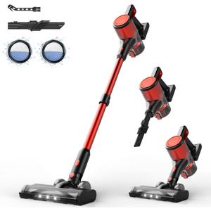 Cordless Vacuum Cleaner for Home - Lightweight, Stick Vacuum Clean with Rechargeable Battery, Max 45Mins Runtime, 8 in 1 Handheld Vacuum for Hardfloor & Carpets Pet Hair, Red&Black