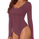 KIFOVEN Women's Sexy Deep V Neck Long Sleeve Bodysuit Dark Red Medium