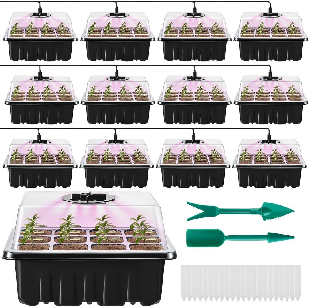 20 Pack Seed Starter Kit 240 Cell Seed Starter Tray with Grow Light Sprouting Tray with Adjustable Humidity Dome and Base Small Greenhouse for Indoors Grow Trays for Seedlings Plant Germination Trays