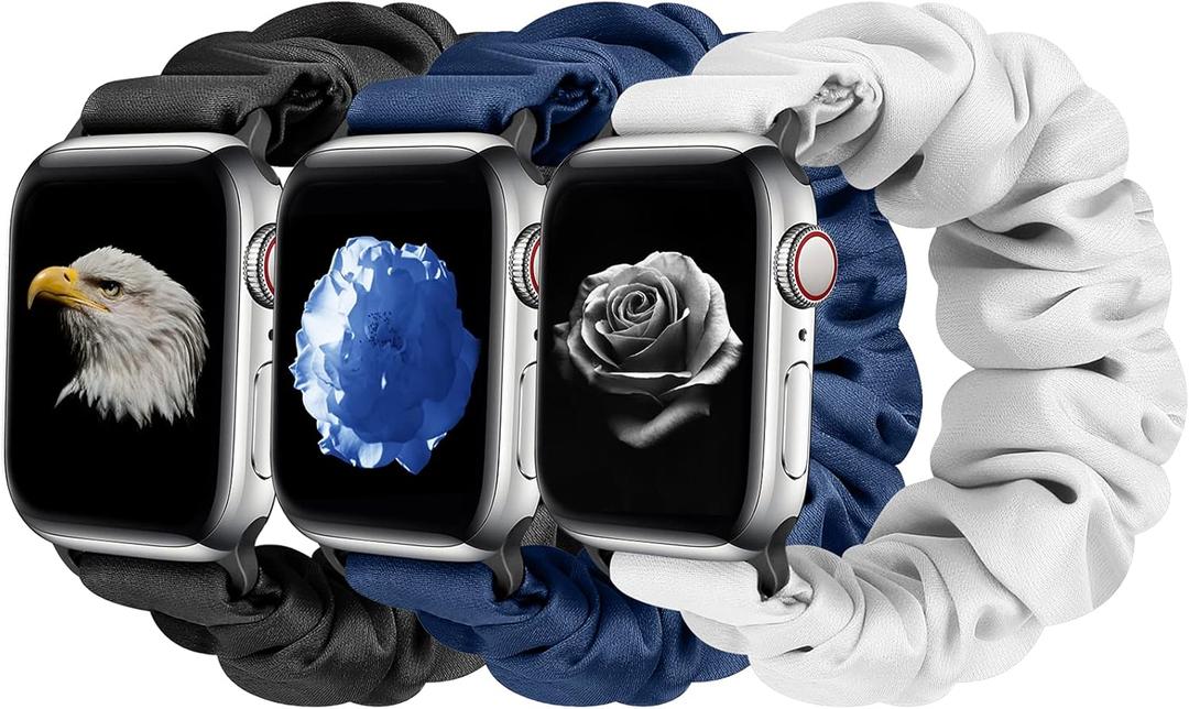 Tiptops 3 Packs Compatible with Apple Watch Bands Scrunchies 38mm-49mm Women Cloth Pattern Printed Fabric Wristbands Straps Elastic for iWatch Ultra 2 Series 10/9/8/7/6/5/4/3/2/1/SE (Black+darkblue+white)