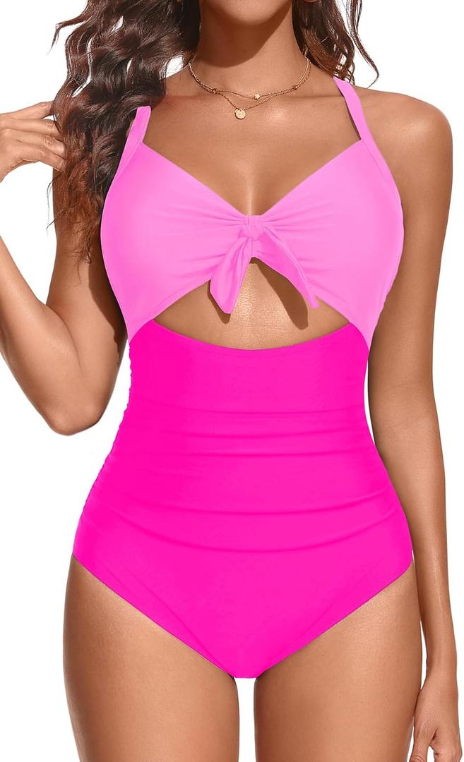 Aqua Eve Women Cut Out One Piece Swimsuit - Tummy Control Bathing Suit Push Up Monokini Swimwear 2025 (Pink, M)