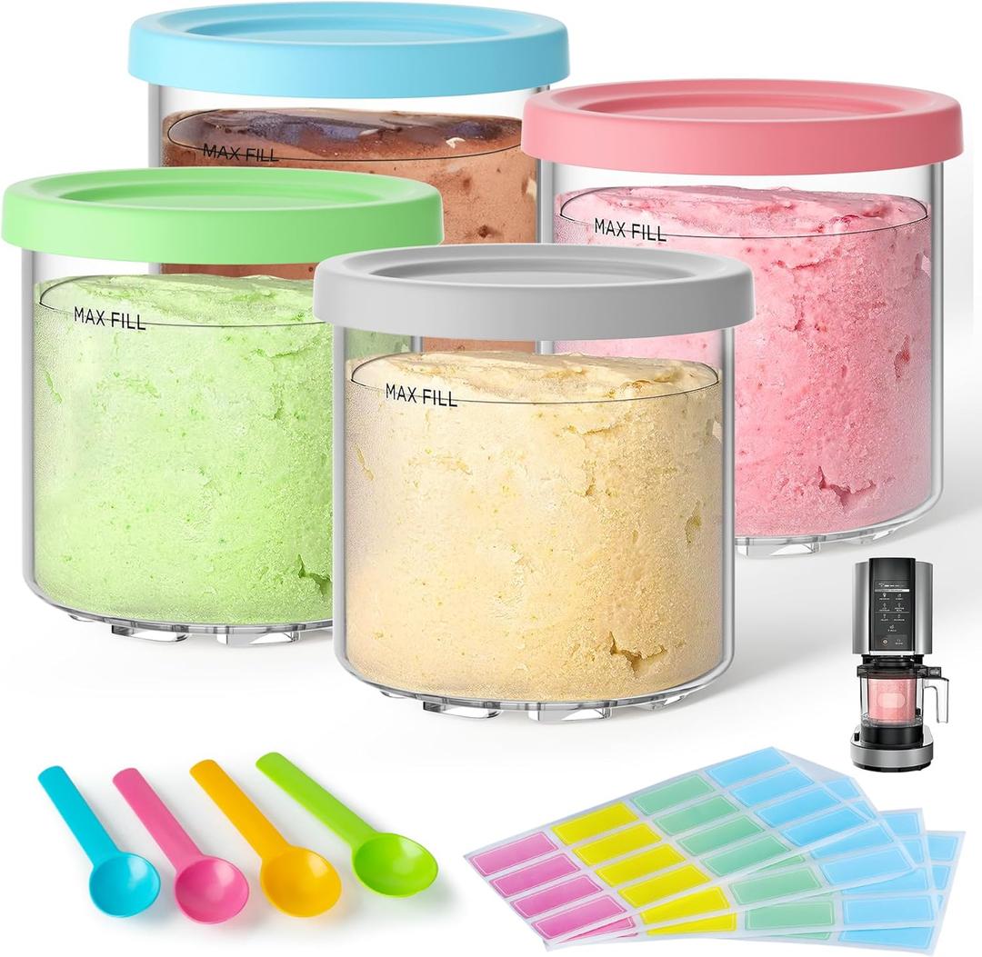 4 Pack Creami Pint Containers and Lids for Ninja, Compatible with Ninja NC299 NC300 NC301 Series Creami Maker Machine Accessories, BPA Free & Dishwasher Safe, Assorted Colors (Pink, Turquoise, Blue & Grey)