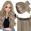 LaaVoo Hair Extensions Wire Human Hair Light Brown Highlighted Blonde Wire Hair Extensions Real Human Hair Invisible Fish Line Hair Extensions Human Hair 16 Inch 80g
