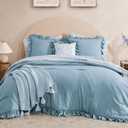 BLOOMHAVEN Queen Comforter Set - 7 Pieces Ruffle Blue Bedding Sets, Shabby Chic Farmhouse Bed in a Bag Queen with Ruffle Comforter, Floral Sheets, Pillowcases & Shams