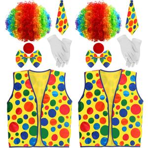 Funtery 12 Pcs Clown Costume Set - Clown Nose, Vest, Wig, Bow, Tie, White Gloves for Circus Cosplay Party