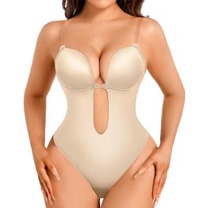 Decorus Shapewear Backless Bodysuit Strapless: Low-back Thong Body-shaper Invisible Women - Build in Bra Open-back Bodysuits (Large, Beige)