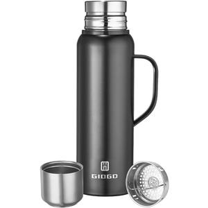 Insulated Vacuum Thermo Bottle 750ml/25.4oz with Cup Stainless Steel Coffee Bottles for Hot and Cold Drink Water Flask.(Black, with Handle, 750ml)