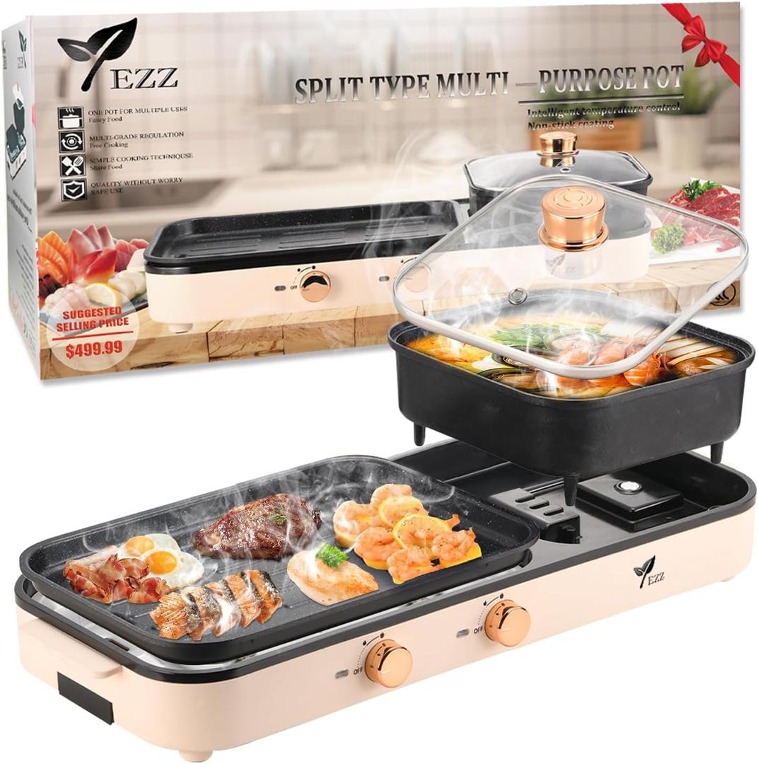 2026 Electric Hot Pot with Grill,2-10 People Indoor Hot Pot 2 in 1 Multi-function Smokeless Shabu-Shabu Hotpot Korean BBQ Grill for Simmer,Separate Dual Temperature Contral