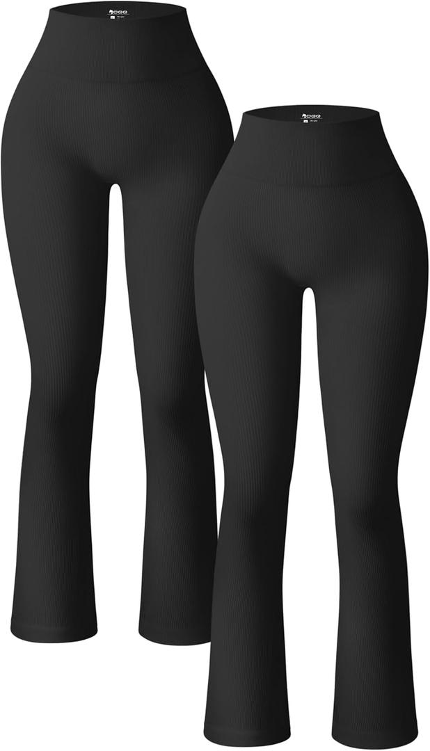 OQQ Women's 2 Piece Yoga Pants Ribbed Seamless Workout High Waist Bell Bottoms Flare Leggings, Medium Length 35"