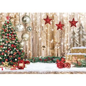 CYLYH 8X6FT Christmas Backdrop Rustic Wood Snow Backdrop Xmas Tree Gifts Background for Christmas Party Decoration Xmas Family Party Banner (Gold)