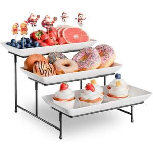 3 Tier Plastic Serving Tray for Party, 11.5" x 5.6" Platters for Serving Food, Microwave-Safe, White Reusable Trays with Black Metal Display Stand for Cupcakes, Sevring Food, Dessert, Fruit, Black