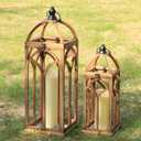 Large Farmhouse Wooden Lantern Decorative Indoor & Outdoor,30‘’/20‘’H Set of 2 Rustic Hanging Candle Lanterns, Wooden Outdoor Lanterns for Patio Front Porch Table, Natural Wood