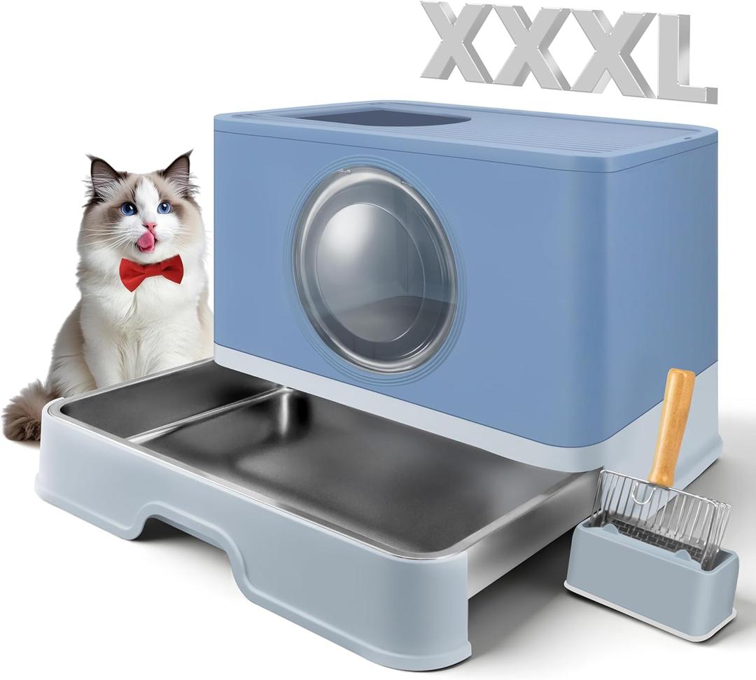 XXXL Stainless Steel Litter Box with Lid, Front Entry Top Exit, Extra Large Metal Cat Litter Box with Drawer, Maine Coon Cats, with Litter Scoop & Litter Mat, Anti-Odor, Anti-Leakage & Non-Stick