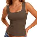 YUCOLEN Brown Tank Top Womens Double Lined Sleeveless Tops Square Neck Camisole Slim Fit Basic Tee Summer Crop Shirt M