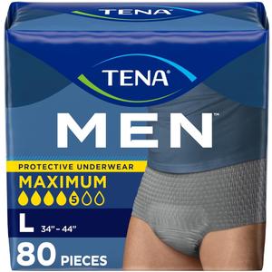 Tena Protective Incontinence Underwear for Men, Maximum, Large, Grey, 20 Count (Waist Size 34in-44in)