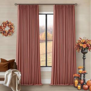 Terracotta Pleated Linen Blackout Curtains 90 Inches Long for Bedroom Living Room Pinch Pleat Black Out Thermal Insulated Ring Hooks Back Tab Room Darkening Drapes Burnt Orange Curtains with Liner