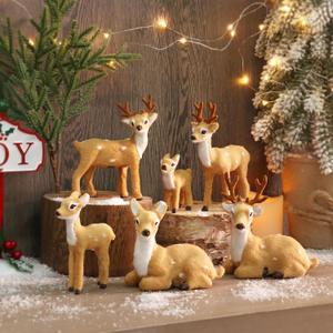 Reindeer Figurines, Festive Holiday Decorations, Rustic Elk Ornaments, Handcrafted Tabletop Decor for Home, Office, Fireplace, Mantle (6 Pack)