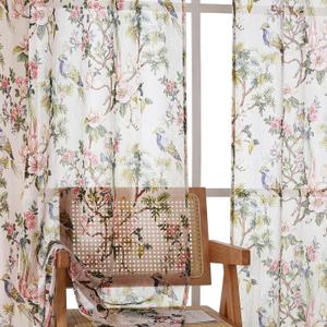 OWENIE Crushed Floral Sheer Curtains 63 Inches Length 2 Panels Set for Living Room Bedroom, Semi Sheer Curtains with printed Birds Flower Design, Rod Pocket Light Filtering Printing Sheer 42" W x 63" L