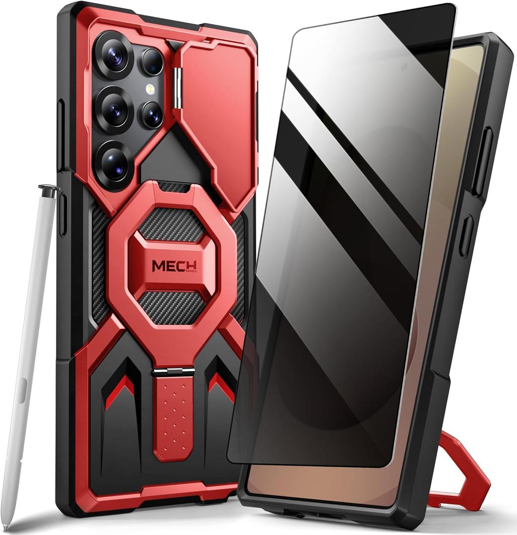 TONGATE Magnetic for Samsung Galaxy S25 Ultra Case with Privacy Screen Protector, [Compatible with MagSafe][Camera Protective Cover][Military-Grade Protection] Ring Stand Phone Case S25 Ultra, Red