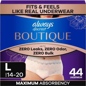 Always Discreet Boutique Incontinence and Postpartum Underwear for Women, Maximum Protection, Large, Rosy, 44 Count (2 Pack of 22)
