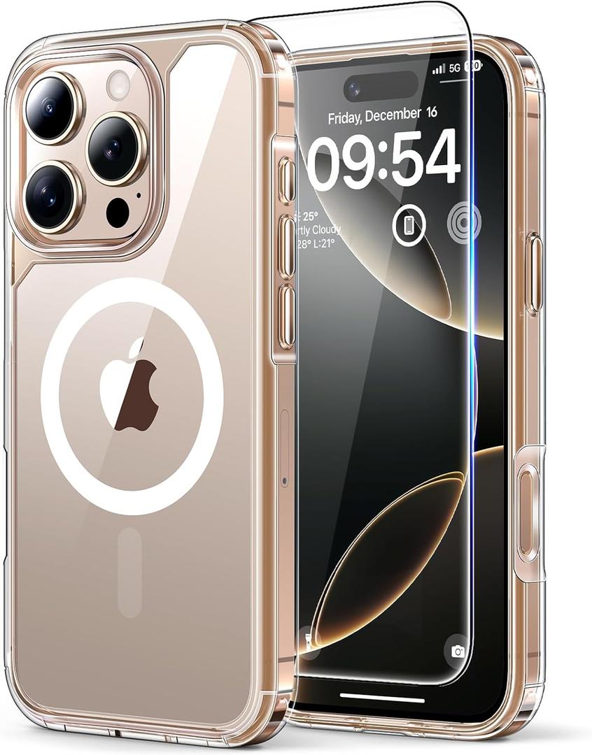TAURI 3 in 1 for iPhone 16 Pro Case, Compatible with MagSafe [Not-Yellowing] with 2X Screen Protectors, Military-Grade Protection, Shockproof Slim Magnetic Case for iPhone 16 Pro 6.3", Clear