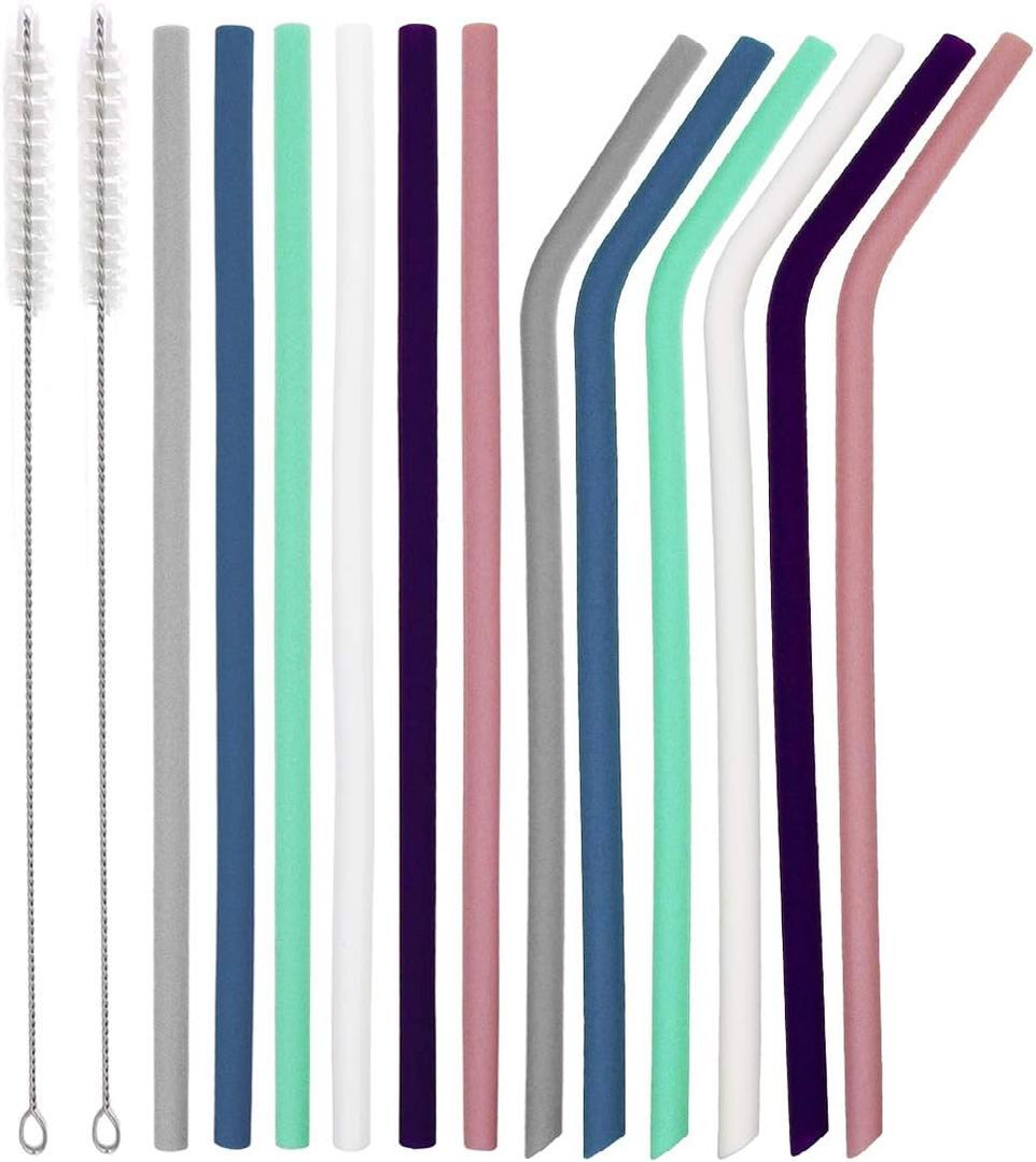 Senneny Set of 12 Silicone Drinking Straws for 30oz and 20oz - Reusable Silicone Straws BPA Free Extra Long with Cleaning Brushes- 6 Straight + 6 Bent- 6mm diameter