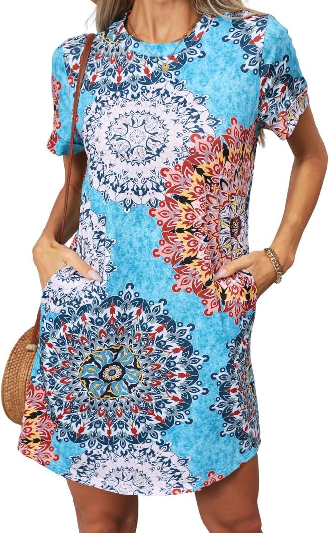 YEXIPO Women's Casual Summer Short Sleeve T Shirt Dress Nightgown Crew Neck Loose Solid Color Basic Dresses with Pockets (Medium, Bohemian Blue)