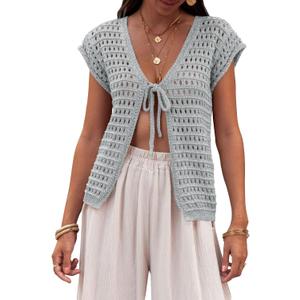Saodimallsu Womens Tie Crochet Shrug Short Sleeve Open Front Lightweight Knit Cropped Cardigan Sweaters Cover Up (Grey, Medium)