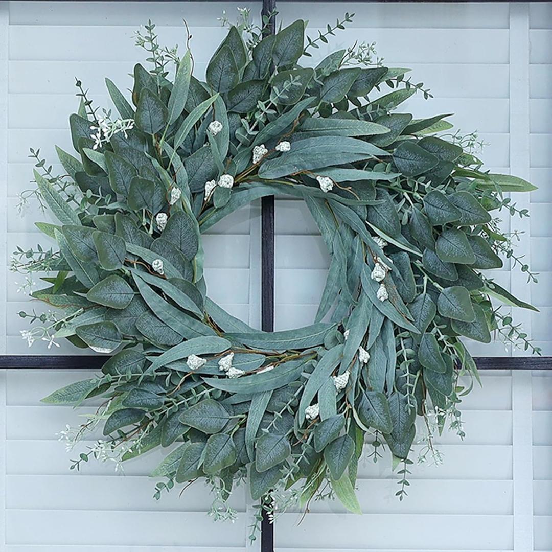 26" Eucalyptus Wreath for Front Door - Large Artificial Greenery Outdoor Wreath for Porch, Window,Farmhouse,Home,Holiday,Hanging Decor- Spring, Summer, Fall, All Seasons (Green)